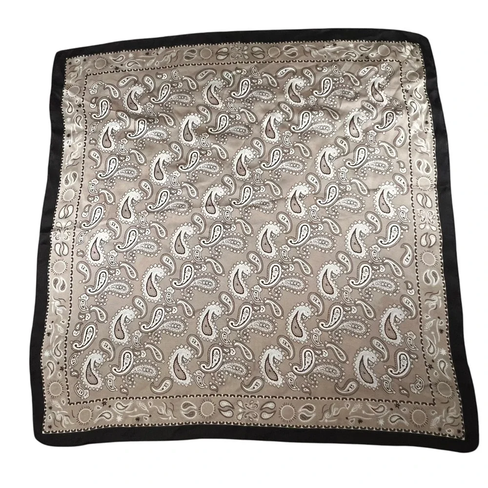 Paisley Silk Feeling Polyester Scarf Beige Cream Brown Border Pocket Square Hair